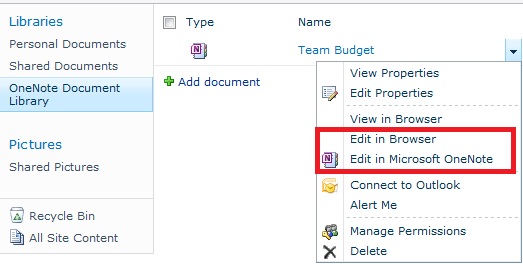 "edit in browser" and "edit in Microsoft OneNote" options are circled in a dropdown menu